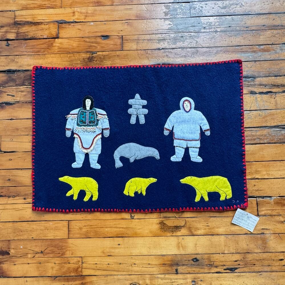 Vintage Inuit Felted Wool Embroidered Beaded Wall Hanging by Dorothy Akatsick